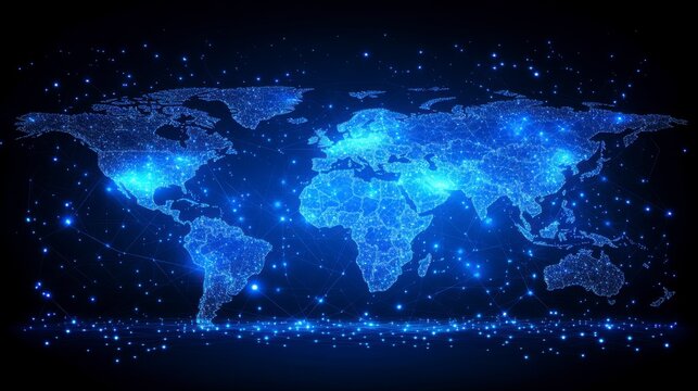 3D rendered world map illustration on a blue background depicting big data and networking concepts ideal for digital technology, global business, and modern innovation visuals
