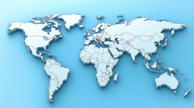 Fototapeta Abstract world map graphic in 3D on a blue background illustrating the concept of big data and networking, ideal for digital transformation and global connectivity themes