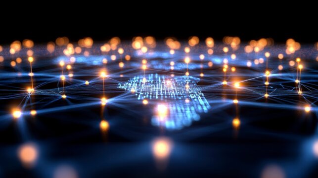 Abstract world map graphic in 3D on a blue background illustrating the concept of big data and networking, ideal for digital transformation and global connectivity themes