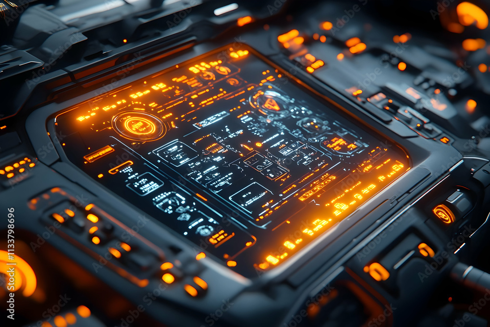 Poster a futuristic control panel displaying data with glowing orange elements and intricate designs.