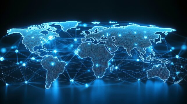 3D world map graphic on a blue background emphasizing big data and networking concepts ideal for illustrating modern business, digital technology, and global connectivity