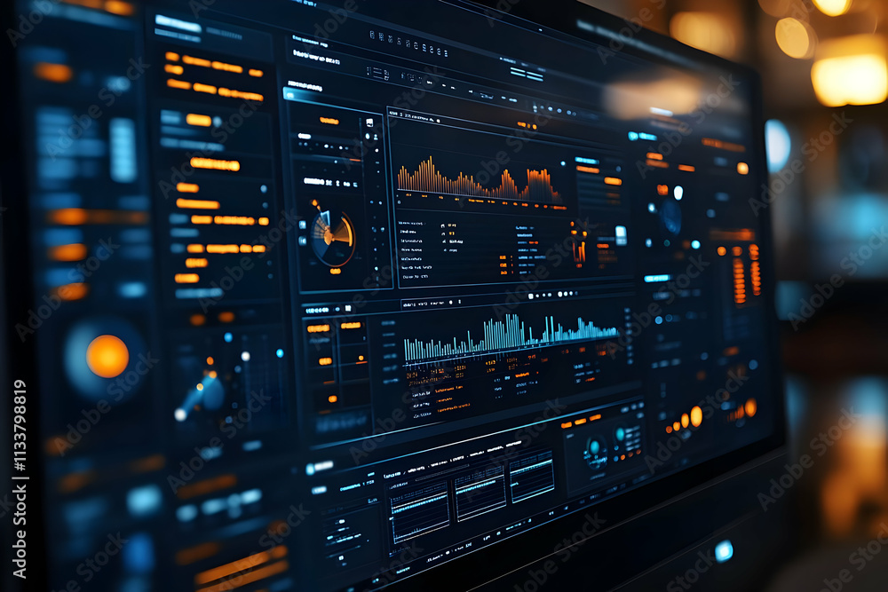 Poster a high-tech dashboard displaying data analytics and visualizations.