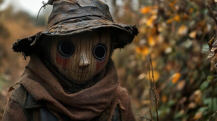 Wooden Doll in Autumn Forest: A Creepy, Whimsical Portrait