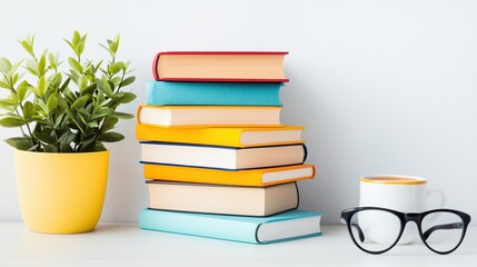 Stack of Colorful Books, Plant, Coffee Cup and Eyeglasses on Table with Whit Background