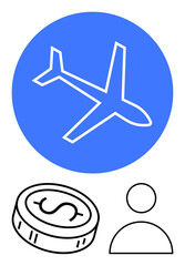 Plane inside blue circle, dollar coin and user icon suggesting travel, cost and user profiles. Ideal for travel booking, financial planning, tourism marketing, user engagement, budget travel