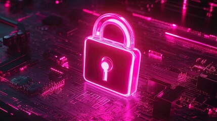 Glowing pink padlock on a circuit board, representing cybersecurity and data protection.