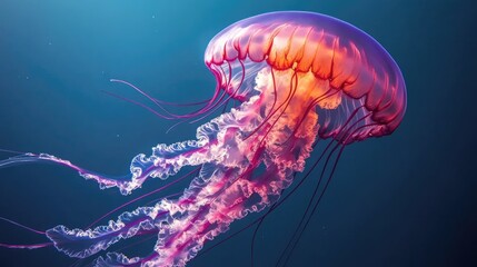 A vibrant jellyfish with pink and orange tentacles floats in deep blue water.