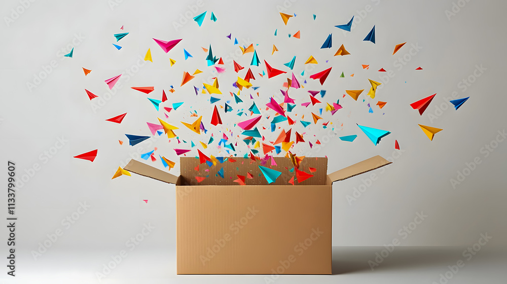 Poster colorful paper airplanes emerge from open cardboard box on light background creating a sense of surp