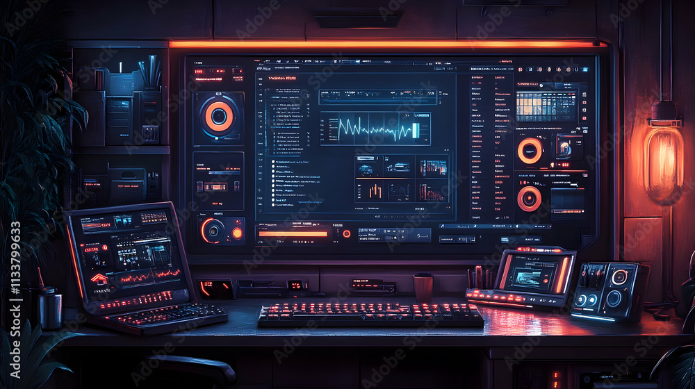 Poster a futuristic workspace featuring advanced technology and interactive displays.