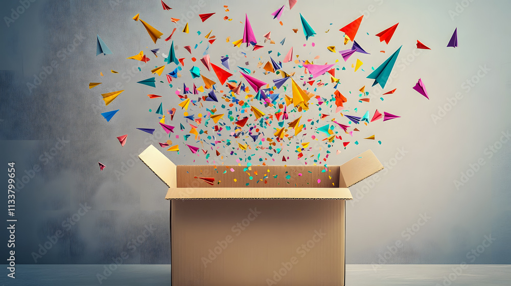 Poster colorful paper airplanes soaring out of an open cardboard box against a soft background with confett