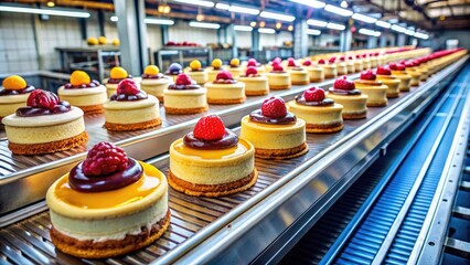 High-volume cake manufacturing utilizes conveyor belts for industrial baking, creating delicious sweet treats.
