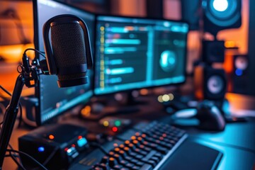 Engaging Home Studio Setup with Microphone, Computer, and Technology for Streaming and Recording in a Cozy, Modern Environment