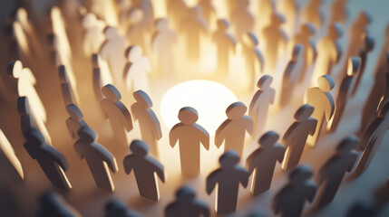 3D render of community icon with paper figures surrounding light source, symbolizing unity and connection. warm glow creates inviting atmosphere
