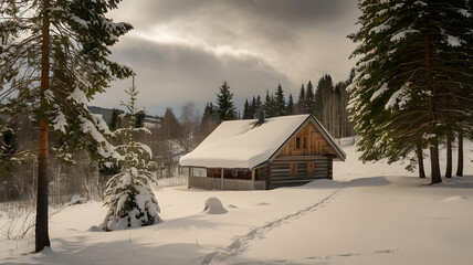 A cozy wooden cabin surrounded by snow-covered trees in a winter landscape.