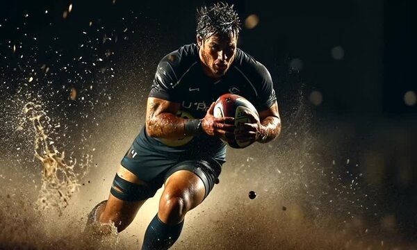 A rugby player sprints through mud, showcasing athleticism and determination in dynamic action.