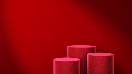 Luxury premium red velvet stage to display products 3 step. light and shadow red velvet wall backdrop. Studio lighting. Podium or pedestal advertising products fashion cosmetic. 3D Illustration.