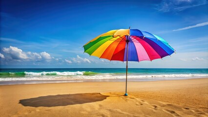 Vibrant colorful beach umbrella on a sandy shore, beach, umbrella, vibrant, colorful, shore, sand, relaxation, summer, vacation