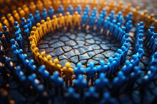 3D render of blue and yellow figures standing in circular formation on cracked ground, symbolizing unity and diversity. vibrant colors create striking visual impact