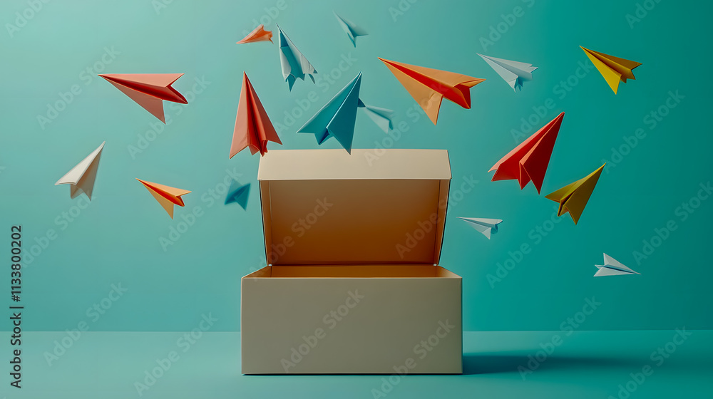Poster colorful paper airplanes flying out of an open box against a vibrant blue background creating a sens