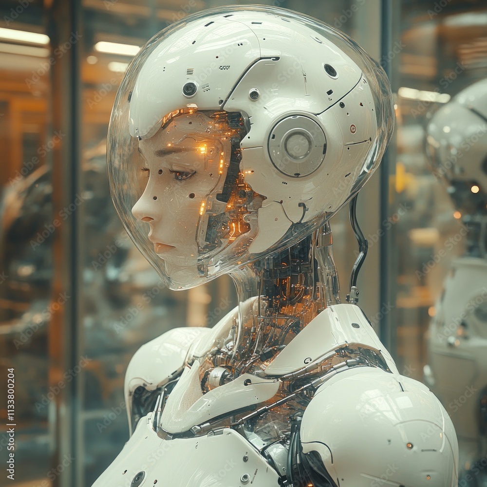 Poster female android robot with transparent head showcasing internal mechanisms and glowing lights.