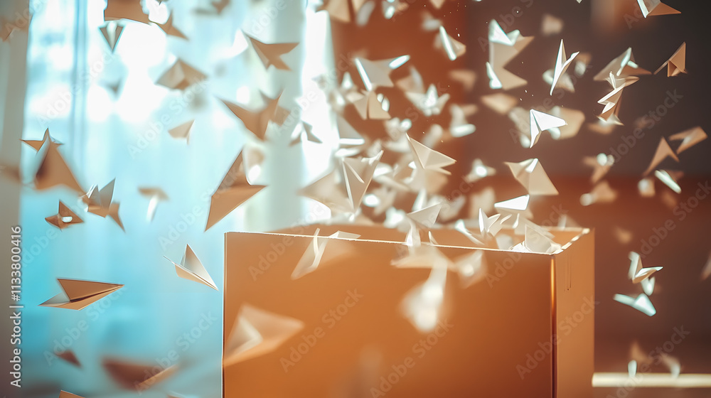 Poster captivating scene of floating paper airplanes emerging from an open box in a softly lit room with a 