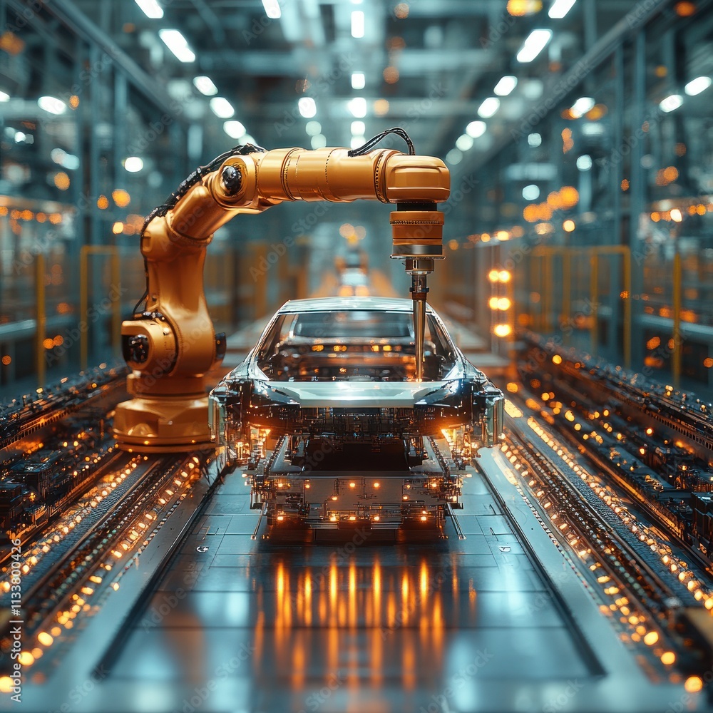 Aufkleber robotic arm assembling car on automated assembly line.