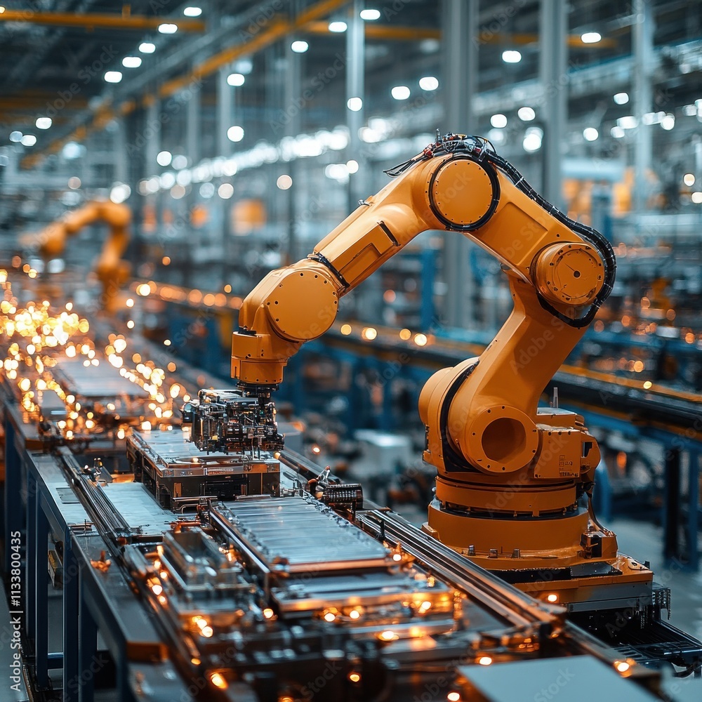 Poster automated robotic arm welding metal parts on an assembly line in a modern factory.