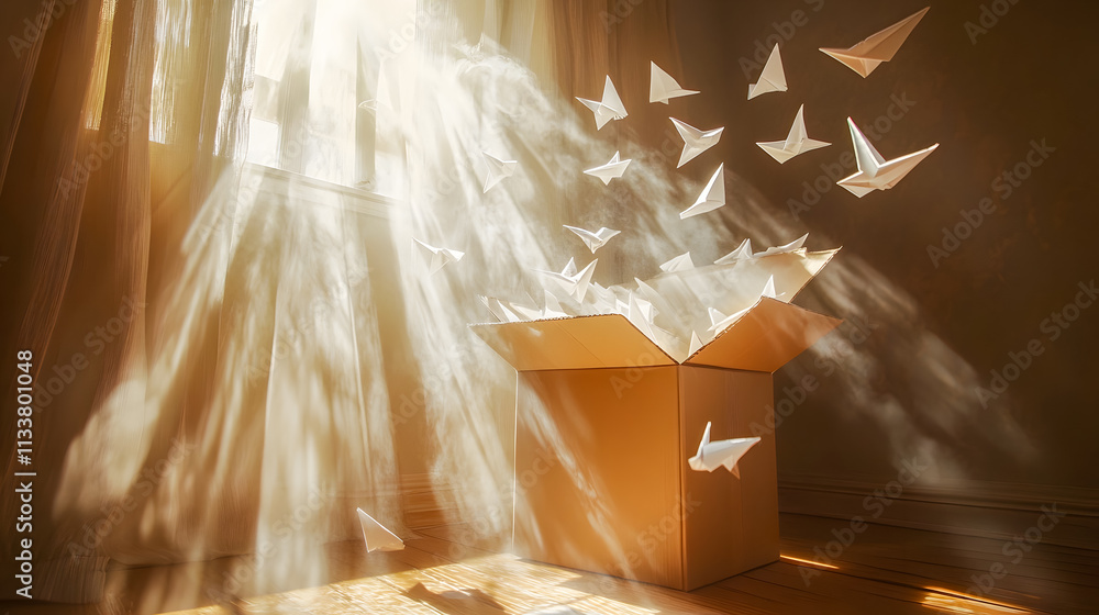 Poster light beam illuminates floating paper boats from open cardboard box in warm indoor scene with soft d