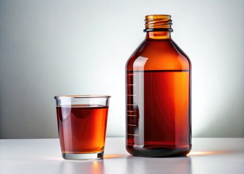 Pharmaceutical still life:  cough syrup, dosage cup, showcasing healthcare treatment in a clean, minimalist style.