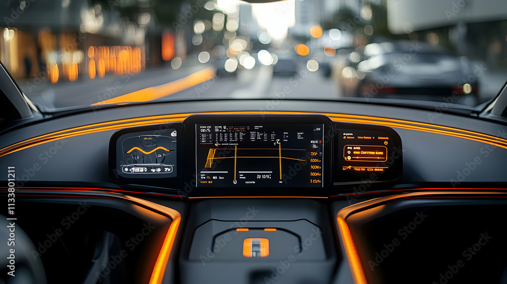 Poster a futuristic car dashboard showcasing advanced technology and navigation systems.