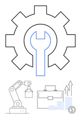 Gear with wrench, robotic arm with box, briefcase, bar graph with arrows, and buildings with a coin. Ideal for industry, automation, economic growth finance business development engineering. Line