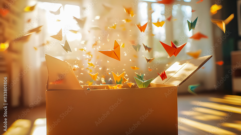Poster colorful paper butterflies emerge from open box in sunlit room creating a sense of joy and freedom w