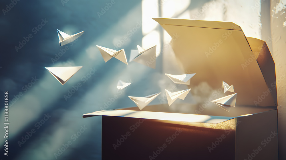 Poster paper airplanes flying out of an open cardboard box with sunlight streaming through a window in a dr