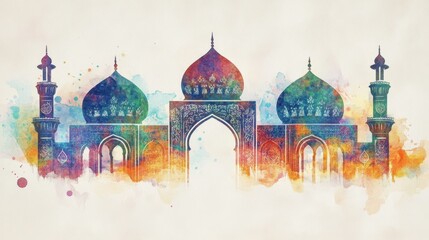 Vibrant Watercolor Mosque Illustration: A Stunning Depiction of Islamic Architecture