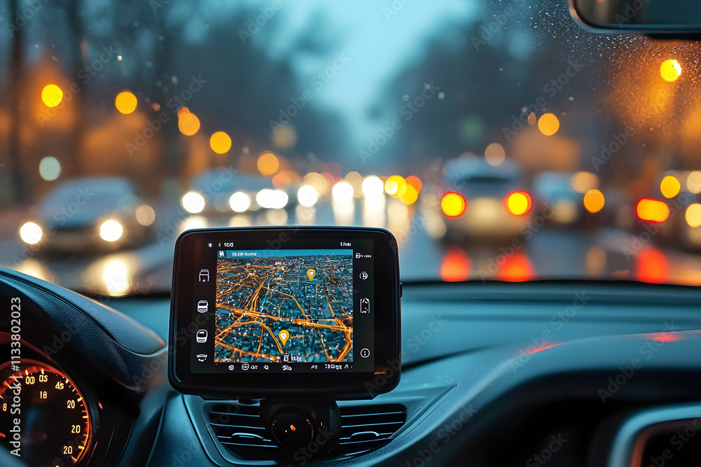 Poster a car's dashboard displaying a navigation screen in a traffic scene during rainy weather.