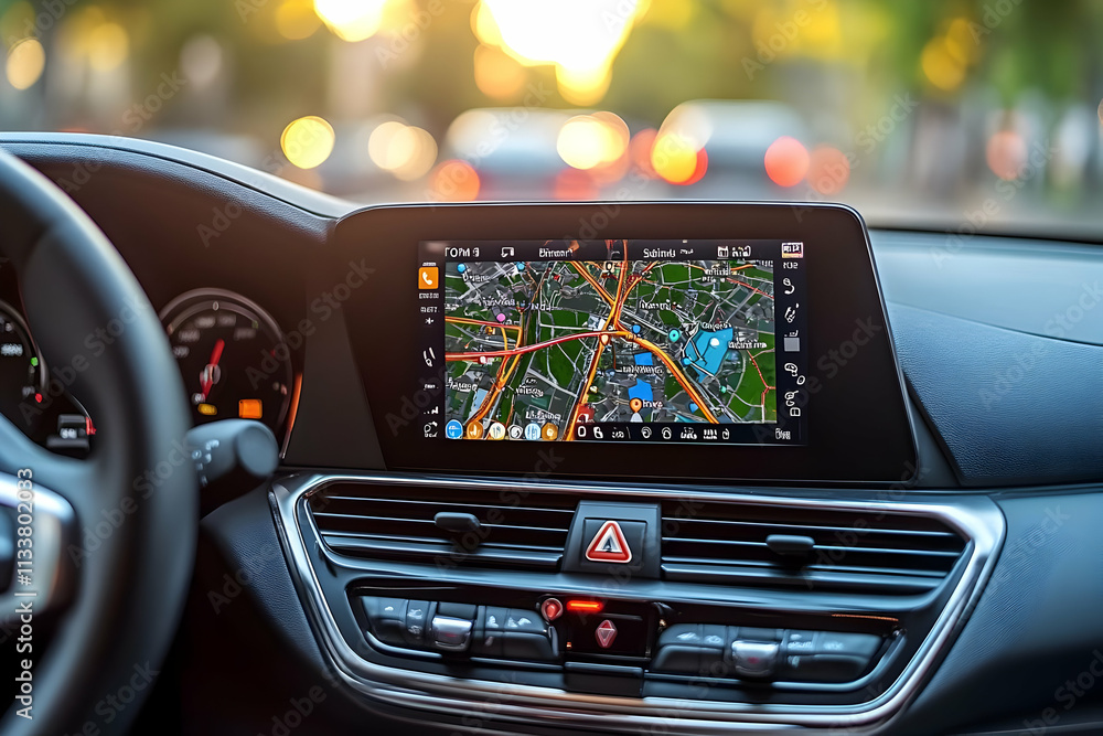 Poster a car's dashboard displaying a navigation system with a city map.