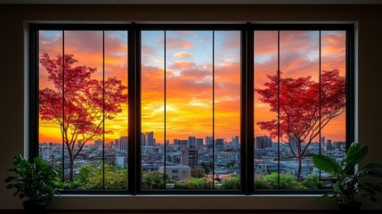 Double exposure of office window and city skyline blending futuristic elements with urban environments creating a business background ideal for innovation modern tech and corporate growth visuals