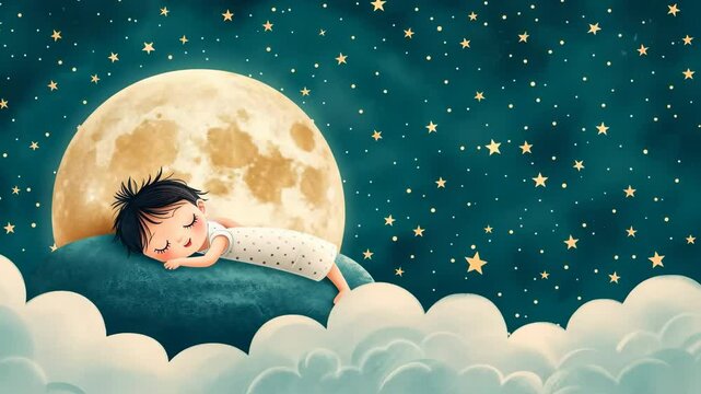 Young girl sleeps on cloud, surrounded by twinkle stars in serene night sky.