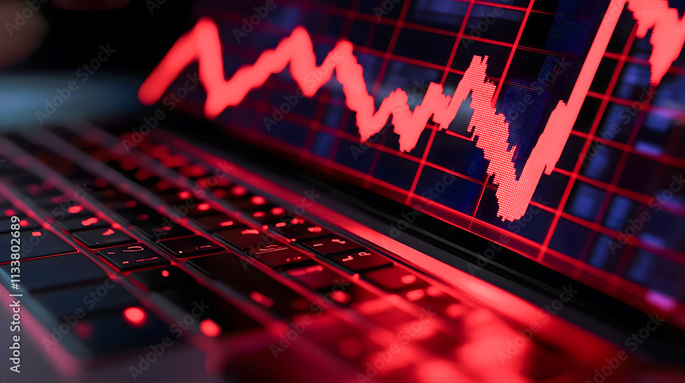 Poster digital stock market trends displayed on laptop screen with graph fluctuations in red tone indicatin
