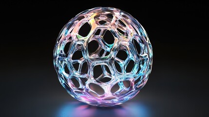 Iridescent glass sphere with intricate, interconnected lattice structure, glowing from within on dark background.
