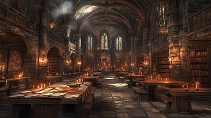 Ancient Medieval Library Hall: Candlelit Tables and Stone Walls