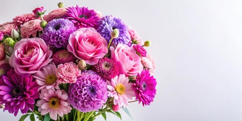 A stunning bouquet of pink and purple flowers in full bloom against a white background, bouquet, pink, purple