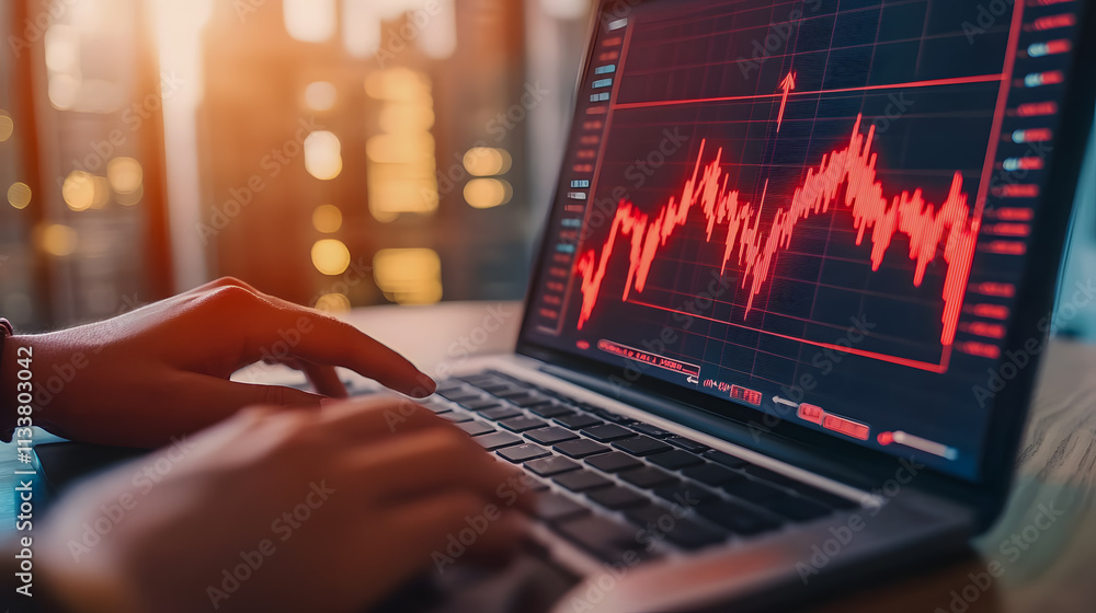 Poster close-up of computer screen displaying financial market data and stock price decline with hands typi