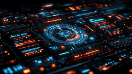 Fototapeta premium Geometric technology background with a grey wheel and gear shapes, symbolizing engineering and mechanical innovation, designed in a vector abstract graphic style for modern visuals.