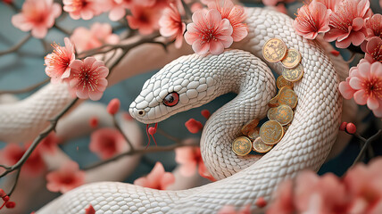 Fototapeta premium Lunar New Year decor featuring white snake, blossoms, and gold coins for fortune