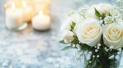 Obraz premium A respectful memorial setup featuring soft white roses arranged with delicate greenery alongside glowing candles, evoking a peaceful atmosphere