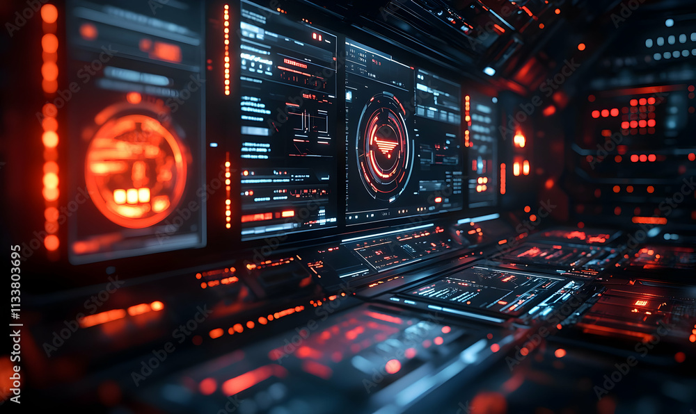 Poster futuristic control panel with glowing screens and data displays in a high-tech environment.