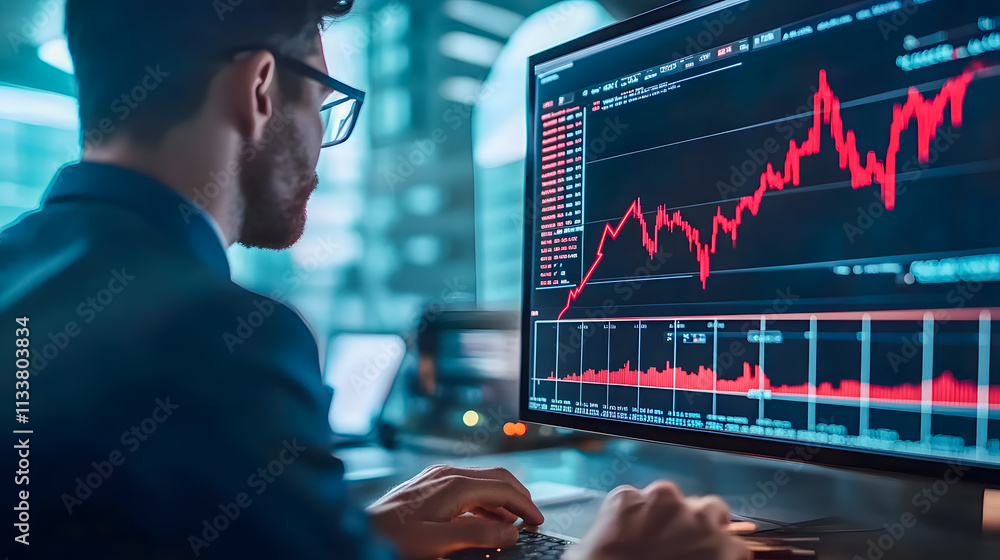 Poster business professional analyzing stock market trends on a computer screen with rising graph and finan