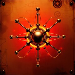 Steampunk atom symbol with glowing core, metallic design on aged paper background.
