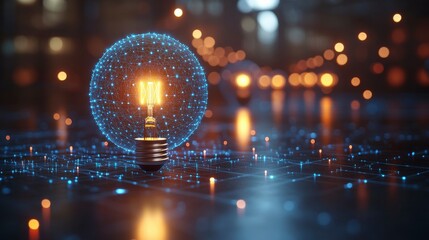 Obraz premium Abstract vector design featuring a circle tech with light blue accents and a glowing lamp bulb, symbolizing innovation and energy in a futuristic technology background.